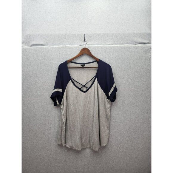 torrid Tops - Torrid Plus Size 3 Womens Gray & Navy Raglan Sleeve Criss-Cross Detail T-Shirt